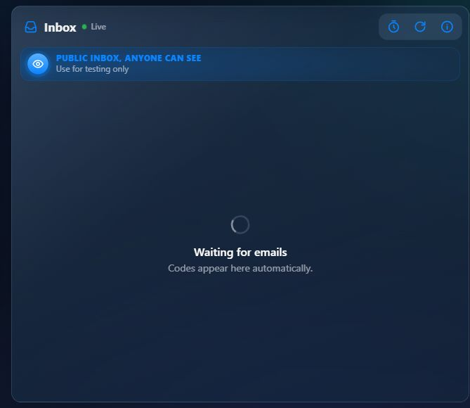 Tempgmail.io inbox with its refresh controls and waiting-for-emails state